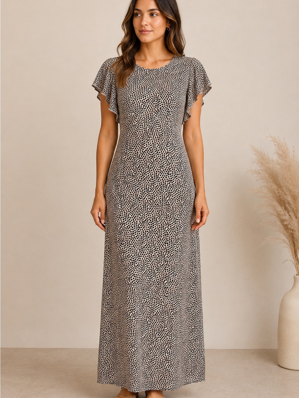 DR2 Beige & Black Speckled Flutter-Sleeve Maxi Dress